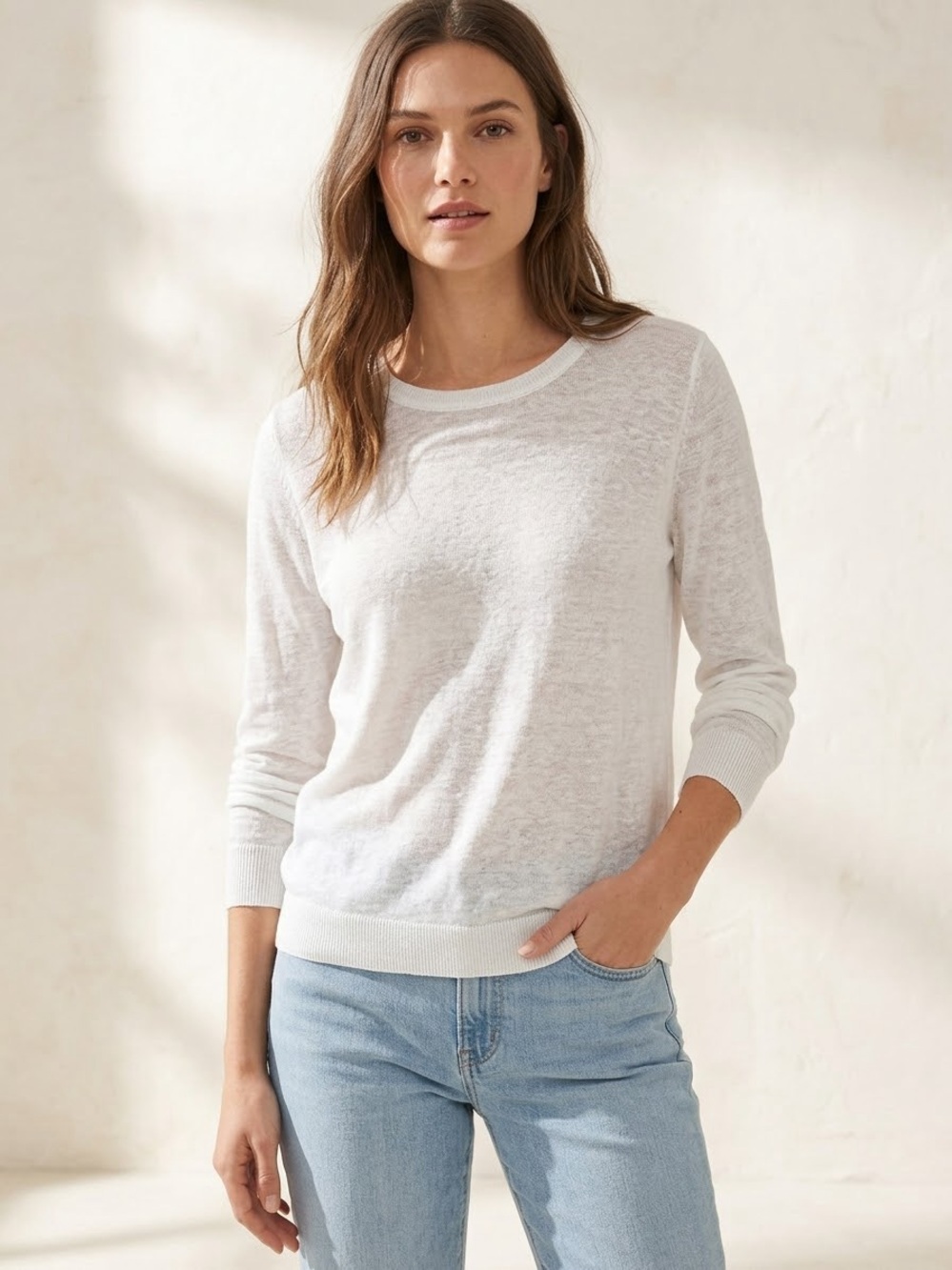 Garnet Hill 100% Linen White Lightweight Crewneck Sweater, Size XS
